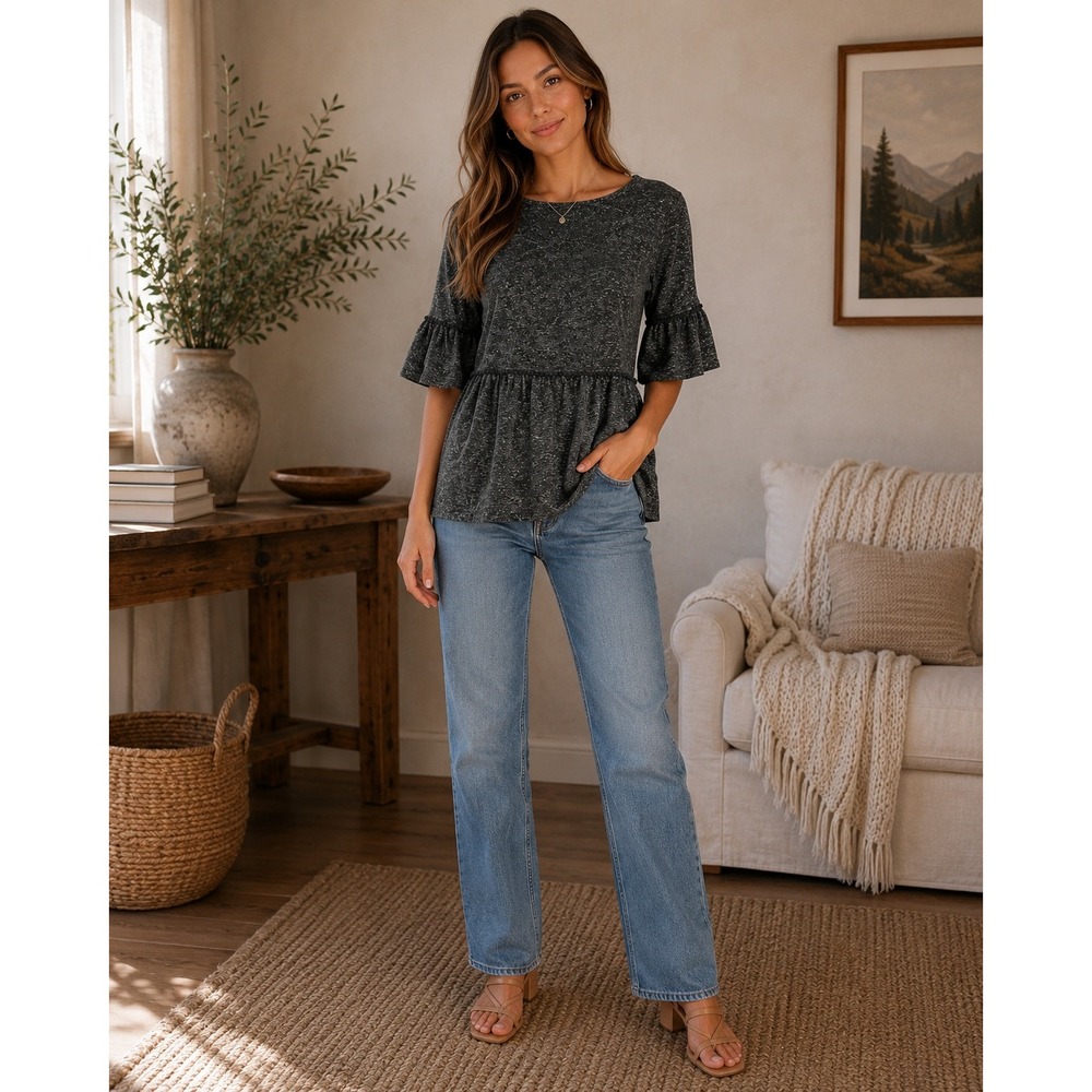 eShakti Top Womens 6 Charcoal Grey Peplum Cottagecore Boho Bell Sleeve